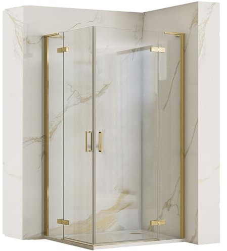 Rea HUGO DOUBLE GOLD BRUSH Duschkabine 90x90x200,5 cm Transparentes gehärtetes Sicherheitsglas 6 mm (Gold) Ohne Duschwanne