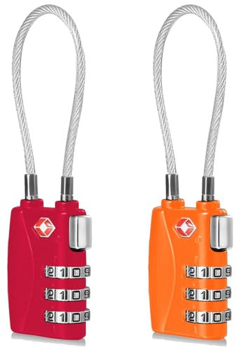 CFMOUR TSA Locks Lot de 2 cadenas de sécurité à combinaison de câble de voyage à 3 chiffres pour valise, valise, sac, sac - Rouge et orange