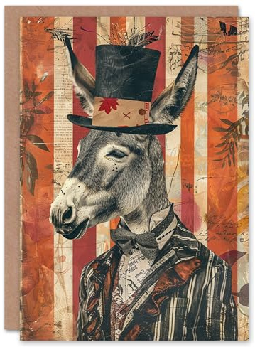 Artery8 Donkey With Top Hat Bowtie Suit Collage Art Blank For Him Or Her Art Birthday Card