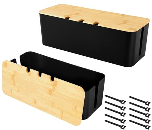 Lot de 2 boîtes de Gestion des câbles, avec Couvercle en Bois, boîte de Gestion des câbles, boîte d'organisation des câbles, pour Cacher et Organiser Les câbles, Grande et Moyenne