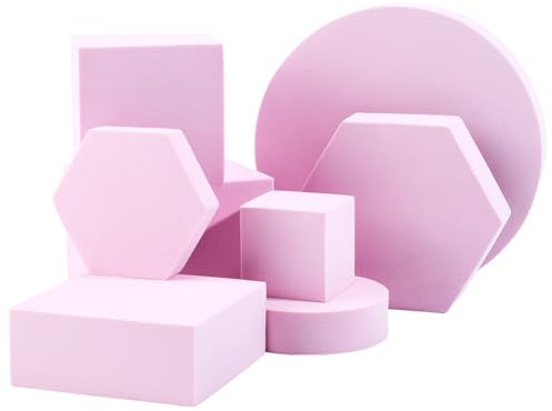 CREATCABIN 8 Stück 8 Stile Geometrisches Würfel Foto Requisiten Set Hartschaum Display Sockel Foto Requisiten Quadratisch Sechseckig Rund Fotografie Hintergrund Requisiten Für Waren Schmuck Rosa