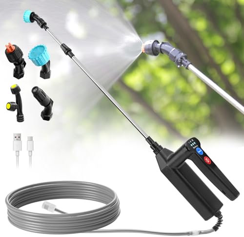 SYLSTAR Pompa Irroratrice a Batteria,3 Velocità di Pompa Irroratrice,7.4V Spruzzatore Forte con Indicatore di Batteria, 4 Ugelli Regolabili Nebulizzatore Piante con 60CM Asta Telescopica