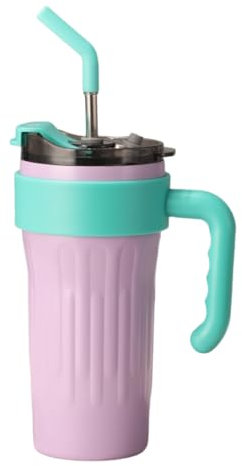Isolierbecher aus Edelstahl mit Deckel, Strohhalm und Griff, 860 ml, großes Fassungsvermögen, für Büro und Außenbereich, Violett