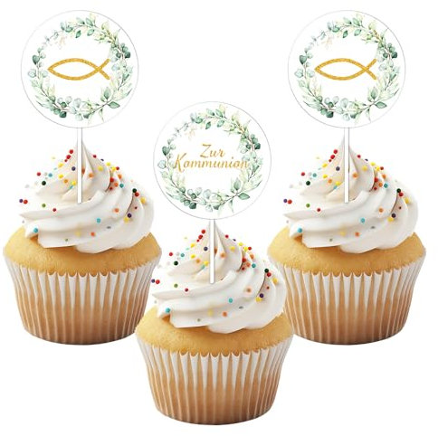 Tortendeko Kommunion, 30 Stück Cake Topper Kommunio, Zur Kommunion Cake Topper, Fisch Eukalyptus Cupcake Torte Deko, Dekoration für Junge Mädchen (Cake Topper Kommunion)