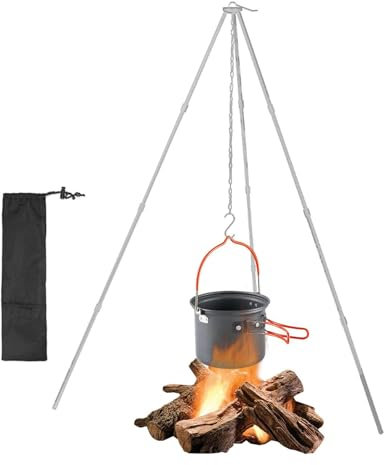 Outdoor Fire Tripod Stand - Foldable Camping Grill Hanger For Dutch Oven, Adjustable Height Cooking Rack Open Flame | Lightweight Aluminum Alloy Campfire Gear, Portable BBQ, Picnic, Backyard, Hiking
