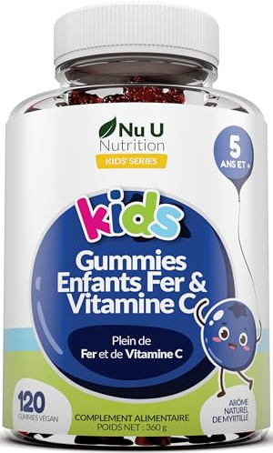 Nu U Nutrition Kids Iron & Vitamin C Gummies (5 Years+) - 120 Vegan Blueberry Flavour Gummy Bears - 4 Month Supply - Iron 7mg + Vitamin C 10mg per Serving - Energy & Immune Support (EFSA)