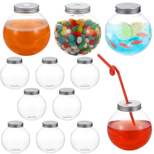SUMTree 12 Pack Plastic Fish Bowl for Drinks, 16.9 oz Clear Spherical Bulb Cups Plastic Drinking Cups Punch Bowls for Corktail, Juice, Wine, Tea, Milk, Candy at Party Decorations, Carnival Games, Bars
