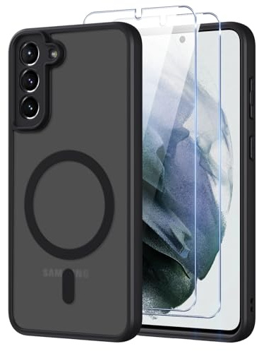 Pnakqil Magnetisch für Samsung Galaxy S21 5G Hülle für Magsafe,Matt Transluzente Handyhülle für Samsung S21 mit 2 Panzer Schutz Glas,PC Härte Rückseite Kratzfest Stoßfest Dünn Magnetische Case,Schwarz
