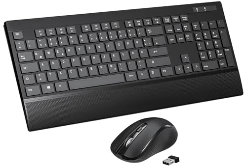 Kabelloses Tastatur-Maus-Set Combo 2,4 GHz Tastatur und kabellose Maus Für PC, Laptop, Ergonomische Tastatur in Voller Größe mit Handgelenkauflage, QWERTZ- Deutsches Tastat