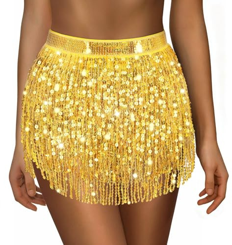 Glitzer Pailletten Quasten Rock für Bauchtanz, Damen Fransen Festival Glitzerrock, Rave Kostüm,Quastenrock für Fasching Karneval Party