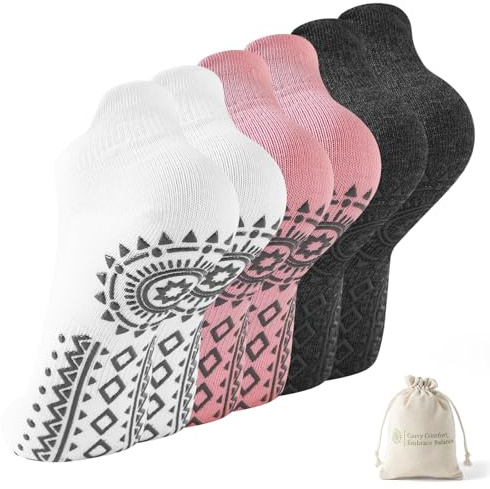 BISOUSOX Pilates Socken Damen Anti-Rutsch Baumwolle Yoga Socken mit Noppen | Stoppersocken Damen für Fitness Ballett Zuhause Rutschsocken 3 Paare Geschenk für Frauen Schwangere Mutter