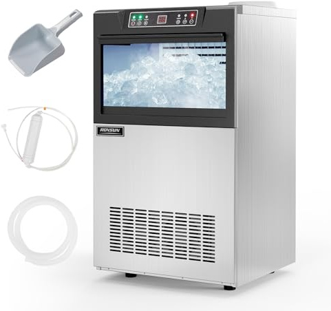 ROVSUN Gewerbliche Eiswürfelmaschine 73 kg/24 Std. Kommerzielle Eismaschine mit Kompressor 72 Stück/14 Min. 23 kg Eislagerkapazität, Eiswürfelbereiter 24H-Timer, LCD-Anzeige, Selbstreinigung
