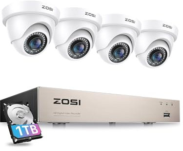 ZOSI 1080P Außen Überwachungskamera System 8CH H.265+ DVR mit 1TB Festplatte und 4 1080P Dome Video Kamera Set für Innen und Außen, 24M IR Nachtsicht