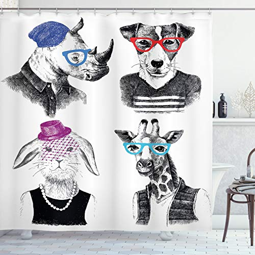 ABAKUHAUS Tier Duschvorhang, Hipster TierFiguren, Set inkl.12 Haken aus Stoff und Abweichent, 175 x 240 cm, Schwarz-grau-weiß