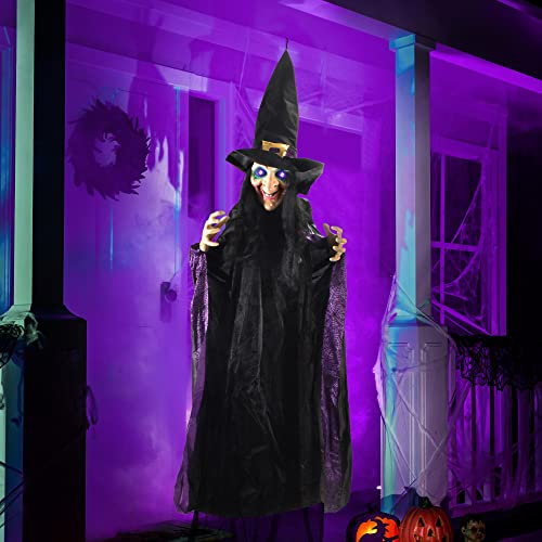 JOYIN Lebensgroße 187cm hängende animierte Hexe mit LED-Augen und gruseligen Geräuschen für Halloween-Dekorationen