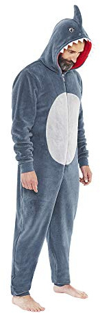 Just Essentials Mens Unisex Shark Tiger Fleece Onesie Hooded Jumpsuit UK Seller - Grey Shark - XX-Large