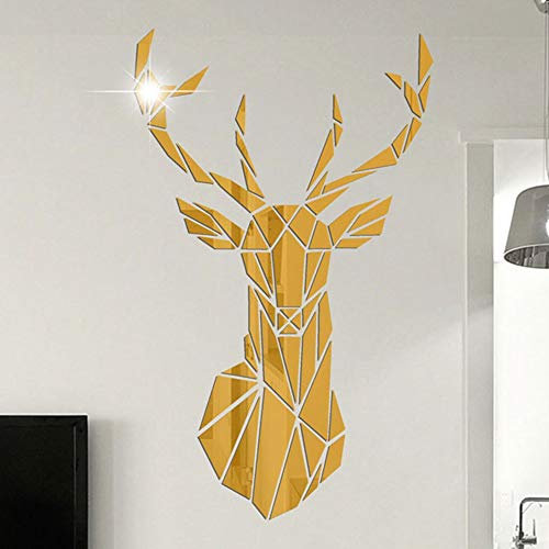 Luming 3D Spiegel Hirsch Wandtattoos Wandbilder Dreidimensionale Wandaufkleber Aufkleber DIY Deko Wandtattoo Wohnzimmer Schlafzimmer Tv Sofa Hintergrund Wandkunst Wandsticker (S, Golden)
