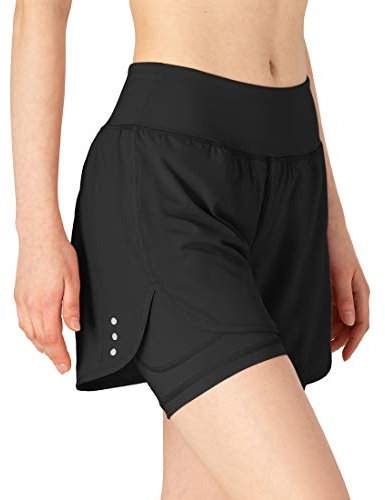 donhobo Damen Sport Shorts Sommer 2 in 1 Kurze Hosen Schnelltrocknende Laufshorts Fitness Joggen und Training Sporthose (Schwarz, XL)