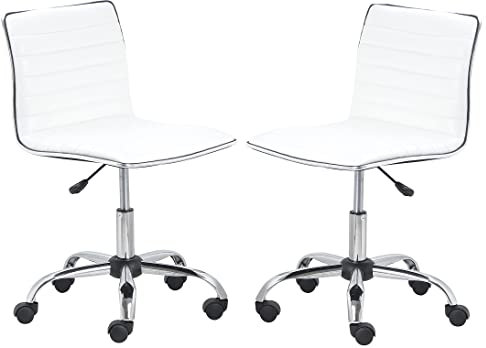 BTEXPERT Designer-Arbeitsstuhl, drehbar, Leder, weiche Polsterung, mittlere Rückenlehne, armlos, gerippt, Weiß, 2 Stück