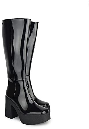 Altercore Clarissa Stivali Alti Donna Nero Lucido Vernice Vegan Piattaforma Tacco Alto Platform