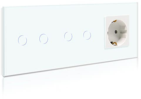 BSEED Touch Lichtschalter mit Steckdosen doppelte 2 Fach 1 Weg Wandschalter mit einer Steckdose Unterputz Touchscreen-schalter mit Glasrahmen 228mm Weiß