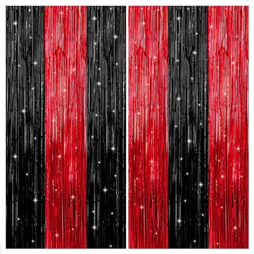 KatchOn, Red and Black Fringe Curtain - 3.2x8 Feet Pack of 2 | Red and Black Party Decorations | Graduation Backdrop for Graduation Decorations 2025 | Casino Theme Party Decorations