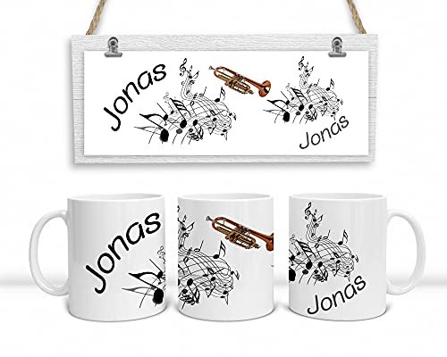 Personalisierte Musiker-Tasse. Kaffeetasse mit Noten, Trompete und mit Namen. (Schwarz-Weiß)