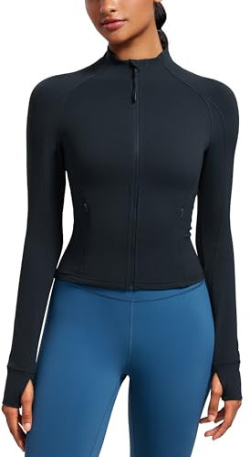 CRZ YOGA Damen Butterluxe Full Zipper Sport Jacke Zip Tasche Crop Running Laufjacke Gym Langarmshirt Sweatjacke mit Daumenloch Echte Marine 38
