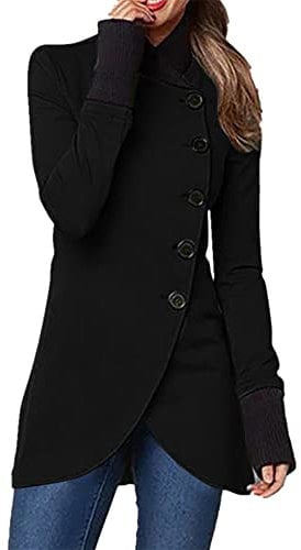 YMING Casual High Neck Coat For Women Single Breasted Outwear Winter Coat Vintage Warm Coat Black L