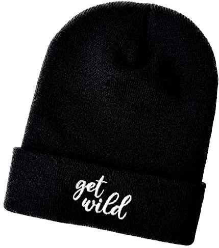 Schnoschi Schwarze Mütze/Strickmütze mit get wild Spruch Bestickt für Damen, Herren, Jugendliche und Kinder, Beanie Wollmütze Hip Hop Wintermütze Rollmütze Streetwear Unisex OneSize