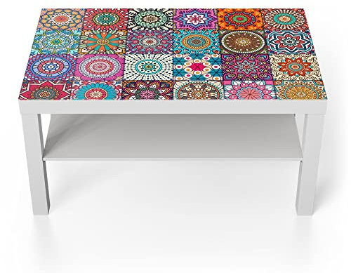 DEQORI Glastisch | weiß groß 90x50 cm | Motiv Orientalische Muster | ausgefallener Beistelltisch aus Glas | Hochglanz Couchtisch fürs Wohnzimmer | moderner Couch Tisch mit Design