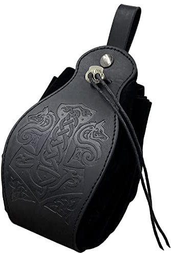HiiFeuer Mittelalter Kunstleder Tasche, Tragbare Kordelzug Geldbörse, Vintage Gürteltasche Würfeltasche Für LARP Ren Faire (Mjolnir Schwarz)