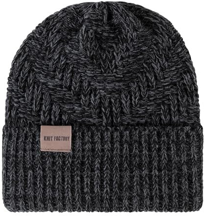 KNIT FACTORY - Sally Mütze - Strickmütze für Damen und Herren - Beanie - Wintermütze mit Wolle - Robusten Look - Hochwertige Qualität - Schwarz/Anthrazit