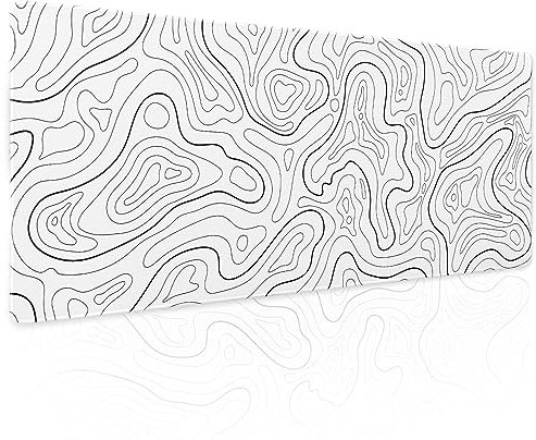 White Topographic Contour Gaming Mouse Pad XL Geographic Map Lines Minimalist Extended Large Mat Mousepad Desk Pad Non-Slip Rubber Base Stitched Edge Long Keyboard Pad for Computer,31.5×11.8 Inch