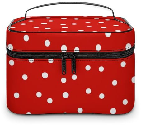 PU Leder Make-up Tasche, tragbare Waschtasche, Zweig Blume Kulturbeutel für Männer und Frauen, Rot Weiß Runde Punkte