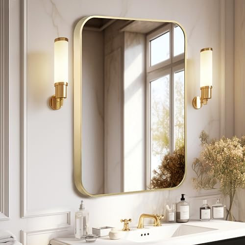 B&C Rechteckiger Badezimmerspiegel für die Wand, 55,9 x 76,2 cm, gebürstetes Gold, abgerundeter rechteckiger Spiegel für Schlafzimmer, 4,8 cm, rostfreier Metallrahmen, Wandspiegel, einfach