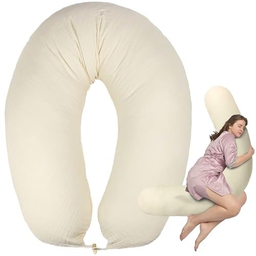 sei Design Stillkissen Mikroperlen XXL Lagerungskissen Schwangerschaftskissen Seitenschläferkissen 190x30 cm groß (Bezug Musselin Natur, Füllung EPS Mikroperlen)