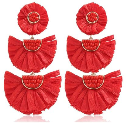 TOFBS Pendientes de Ratán Hechos a Mano Para Mujer Boho Colgantes Pendientes de Cuentas Regalo de Fiesta de Cumpleaños Joyas de Playa (Blanco)