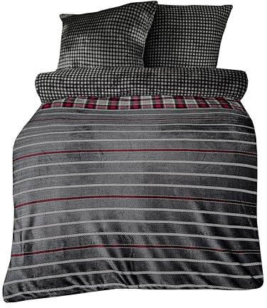 one-home Winter Bettwäsche Teddy Plüsch Nicki Cashmere Touch Coral Fleece Flauschig Kuschelig Warm Weich, Größe:4 teilig 135x200 cm, Farbe:Gestreift Streifen anthrazit rot