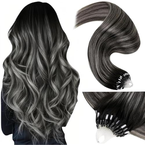 LaaVoo Extensions Echthaar Micro Loop 1g/s Schwarz Balayage Microring Extensions Echthaar Ombre Silber Echthaar Extensions Micro Remy Haarverlangerung Echthaar 50g #1b/s/b 55cm