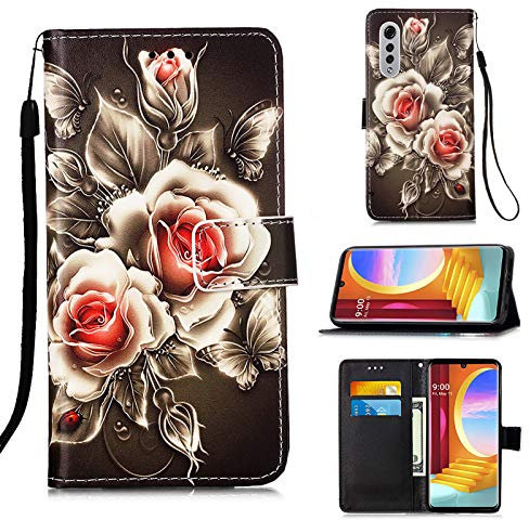 Handyhülle für LG Velvet 4G/5G/G9 Velvet Hülle -Schutz aus PU Leder LG Velvet 4G/5G/G9 Velvet Schutzhülle Flip Case Klapphülle Handytasche für LG Velvet 4G/5G/G9 Velvet-Black Bottom Roses