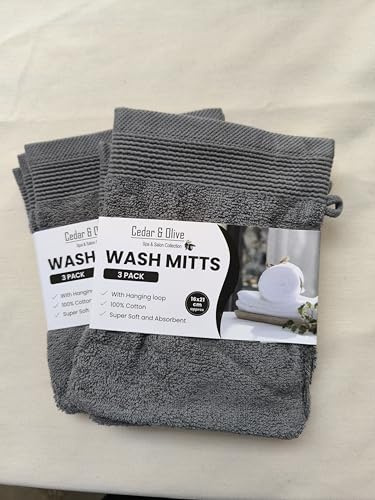 6 x Slate Grey Premium Cotton Wash Mitts Absorbent Flannel Face Glove Bath