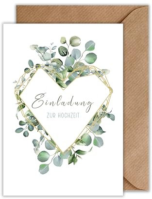 WBdesignz 10x Einladung Hochzeit mit Umschlag - Eukalyptus Karte Hochzeit - Einladungskarte Herz Blätter Geometric Greenery (DIN A6)