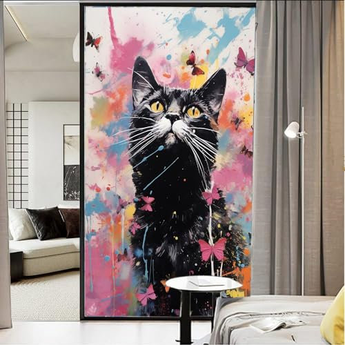 AEMYSKA Fensterfolie, Retro-Katze, hitzeblockierend, abstrakt, Schmetterling, Aquarell, Privatsphäre, Fensterdekoration, Glastürabdeckung, nicht klebende Fensteraufkleber für Badezimmer, Küche, 45 x