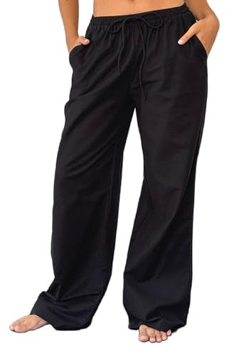 Womens Casual Plaid Baggy Wide Leg Pants Drawstring Elastic Waist Plaid Print/Solid Color Pants Lounge Trousers (Black, M)