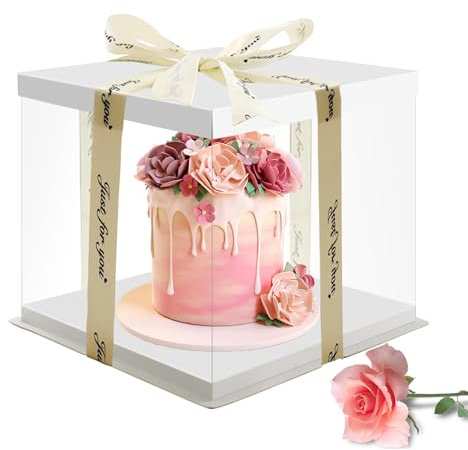Wentsent 8 INCH Transparente Tortenbox, Tortenkarton Hoch Tortenschachtel Geschenkbox Durchsichtig Cake Box Dessert Box Würfelschachteln mit Deckel und Band für Geburtstag Geschenk 30x30x25cm