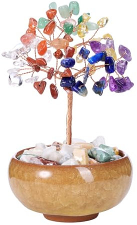 Jovivi 7 Chakra Albero della Vita Soprammobile Decorativo Bonsai Albero della Fortuna in Pietre e Cristalli con Ciotola Ceramica Feng Shui Albero Artificiale Portafortuna Reiki Guarigione - 7 Chakra