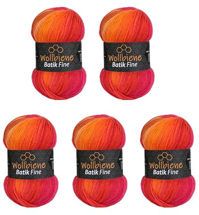 5 x 100g Wollbiene Batik Fine 500 Gramm Wolle mit Farbverlauf mehrfarbig Multicolor Strickwolle Häkelwolle (1410 rot orange)
