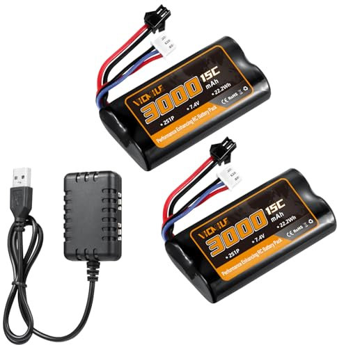 VICMILE 7.4 V Li-ion Battery 3000 mAh 2S Battery with SM-2P Plug High Capacity Rechargeable Battery with 1 to 2 USB Charger for RC Car RC Boats H101 Battery