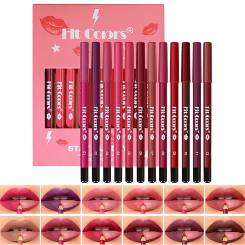 Baorder 12 Couleurs Matte Lip Liner Pencil Set,Rouge à lèvres velours mat crémeux,Kit de maquillage pour les lèvres en une étape,Fit Colors Long Lasting Waterproof Smooth High Pigmented Lip Makeup
